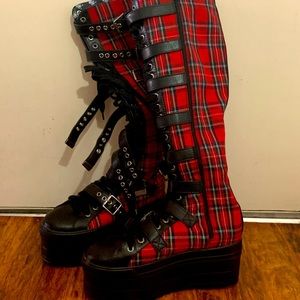 Long red plaid platform boots